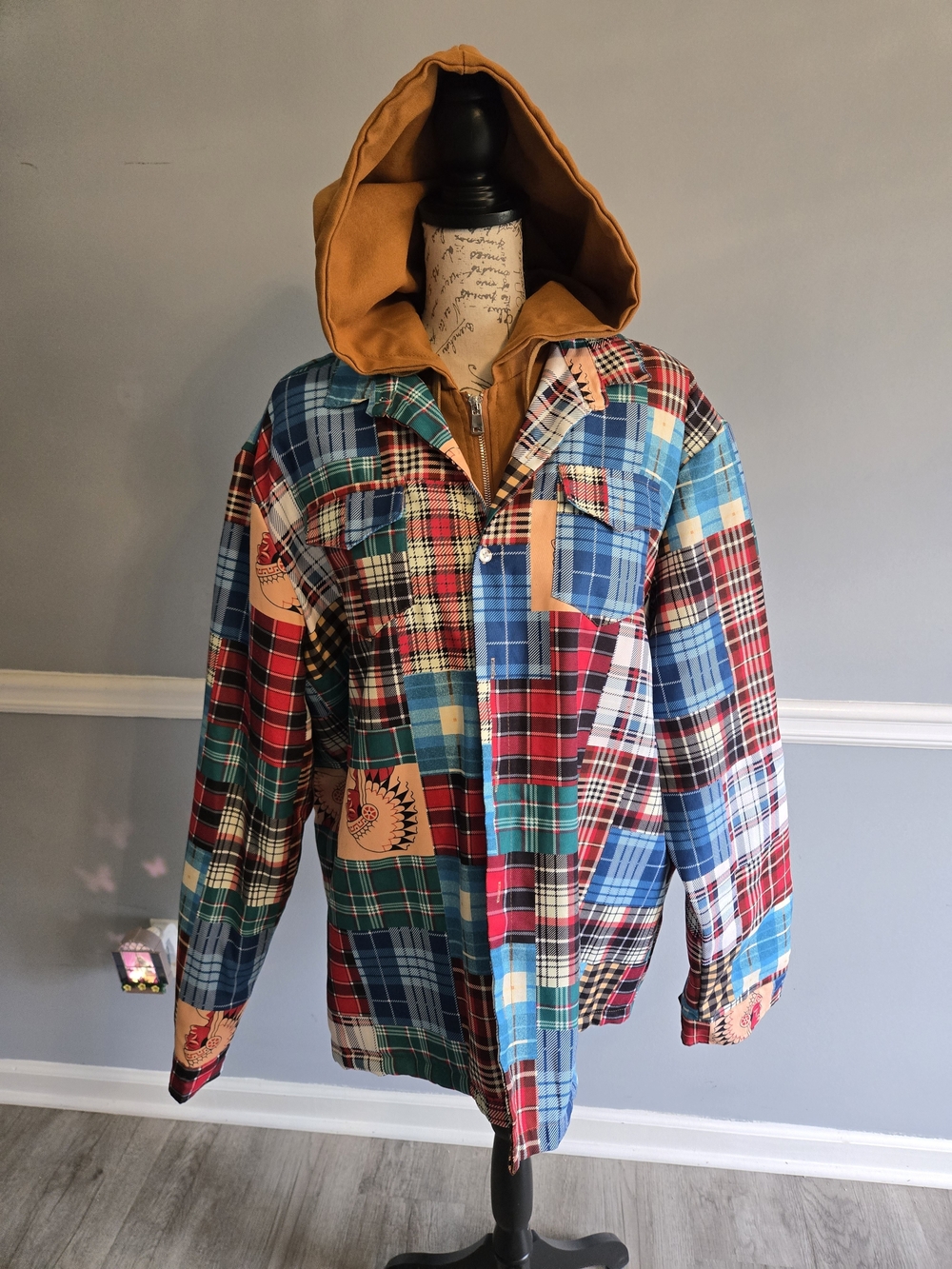 Men's Multi-Color Plaid Patchwork Jacket with Hood